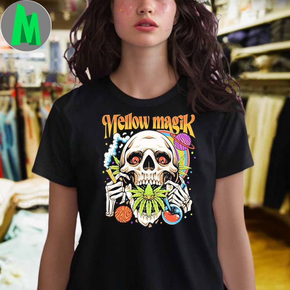 Design Mellow Magik Psychedelic Skull Cannabis Graphic T-Shirt
