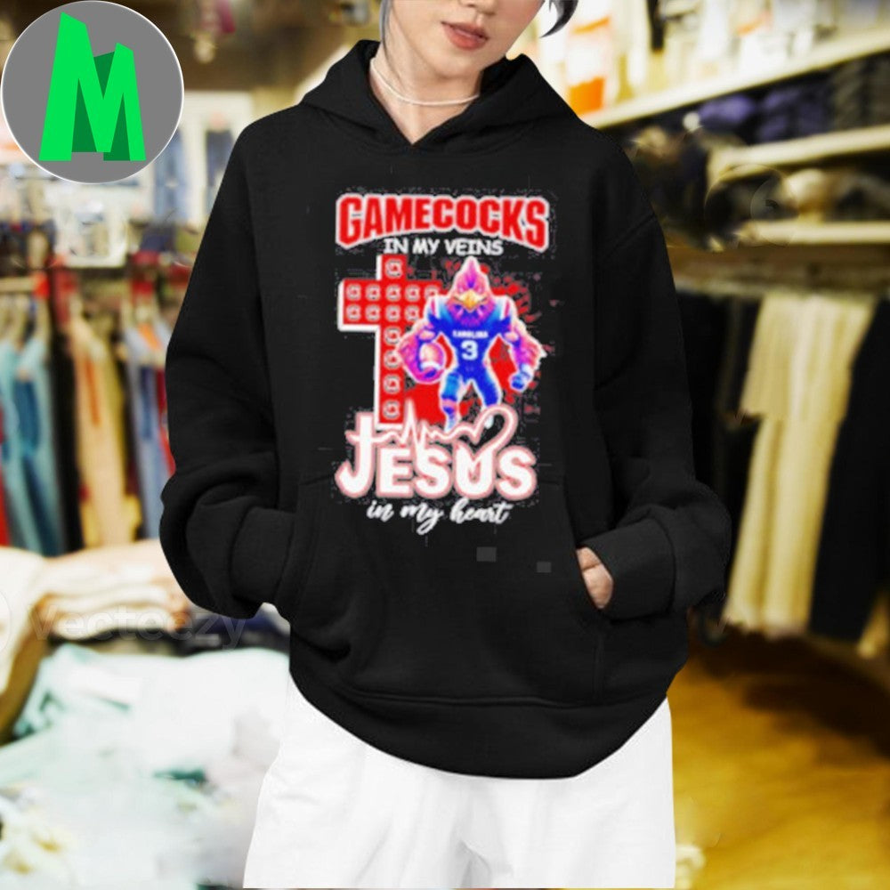 Design Number 3 Gamecocks In My Veins Jesus In My Heart Christian Mascot College Fan Apparel T-Shirt