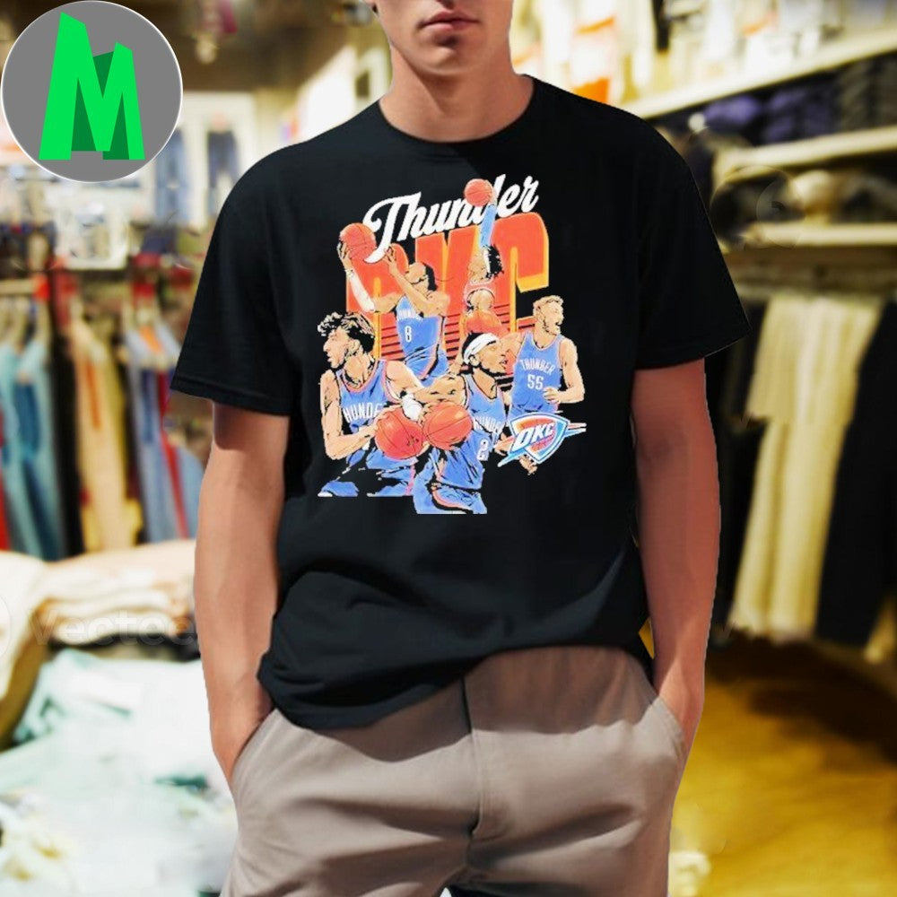 Design OKC Thunder Basketball Starting 5 Players Caricature Graphic T-Shirt