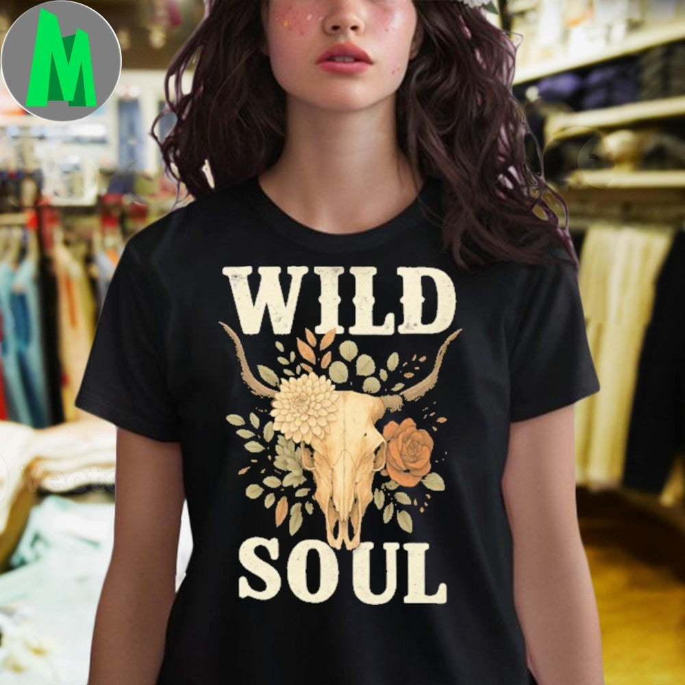 Design Wild Soul Boho Floral Bull Skull Shirt