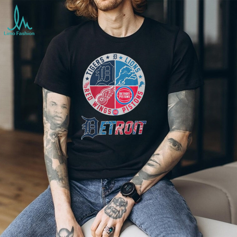 Detroit 4 Way Sports Crest T Shirt Tigers, Lions, Red Wings, Pistons Logo