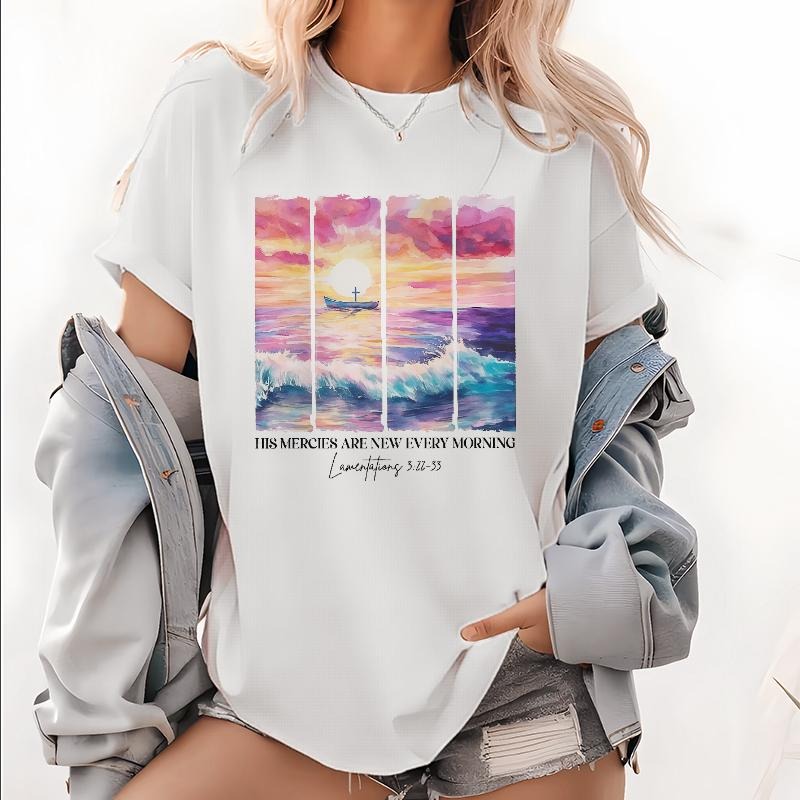 Devotional T - Shirt with Inspiring Biblical Verse "His Mercies Are New Every Morning" and Serene Ocean