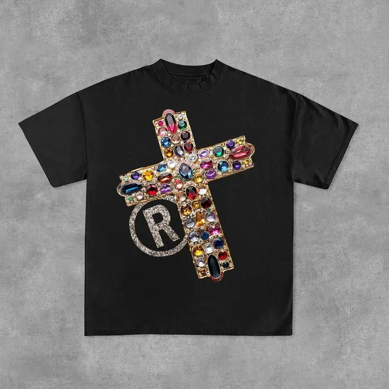 Diamond Cross Graphic Y2k Fashion Streetwear Print Casual Cotton T-Shirt Hoodie, Sweatshirt | UrbanDripWear.com