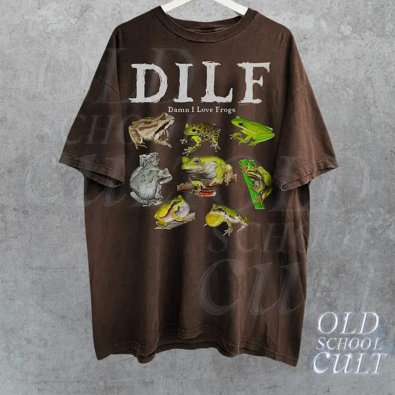 Dilf Damn I Love Frogs Frog 90s Vintage Graphic Shirt, Retro Toad Tee, Nature Shirt, 2000s Funny Frog Shirt, Unisex Adult...