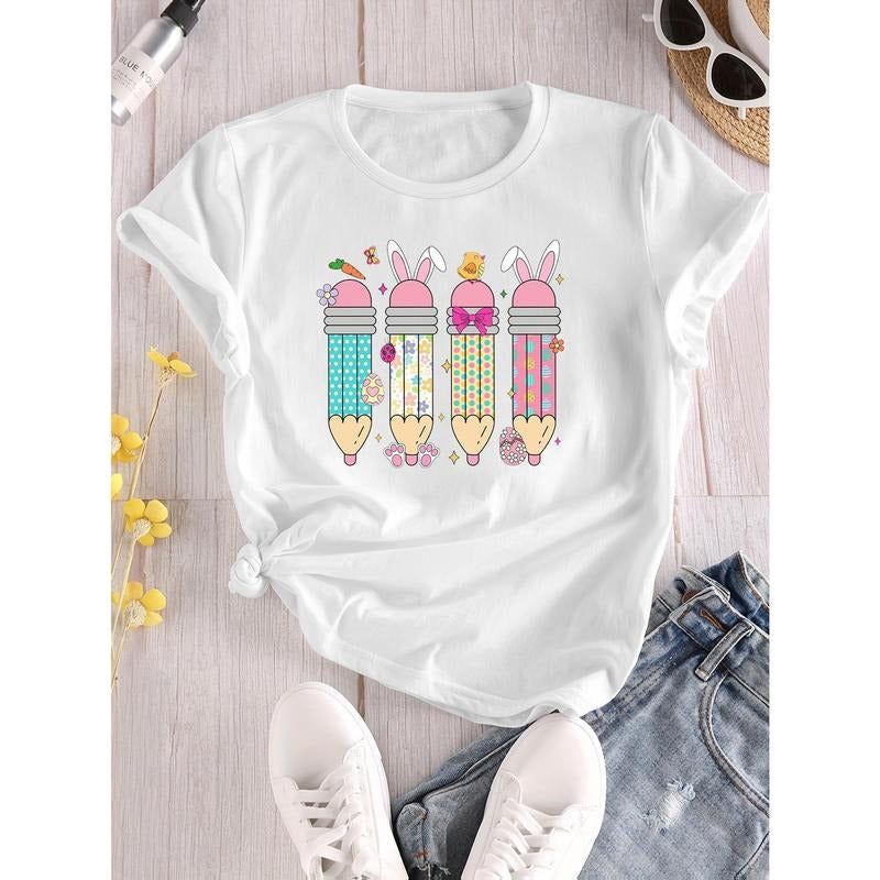 Directional Easter, Four Bunny Pencil Print Crewneck T-Shirt, Athleisure Everyday Top, Women'S Wear Hoodie, Sweatshirt