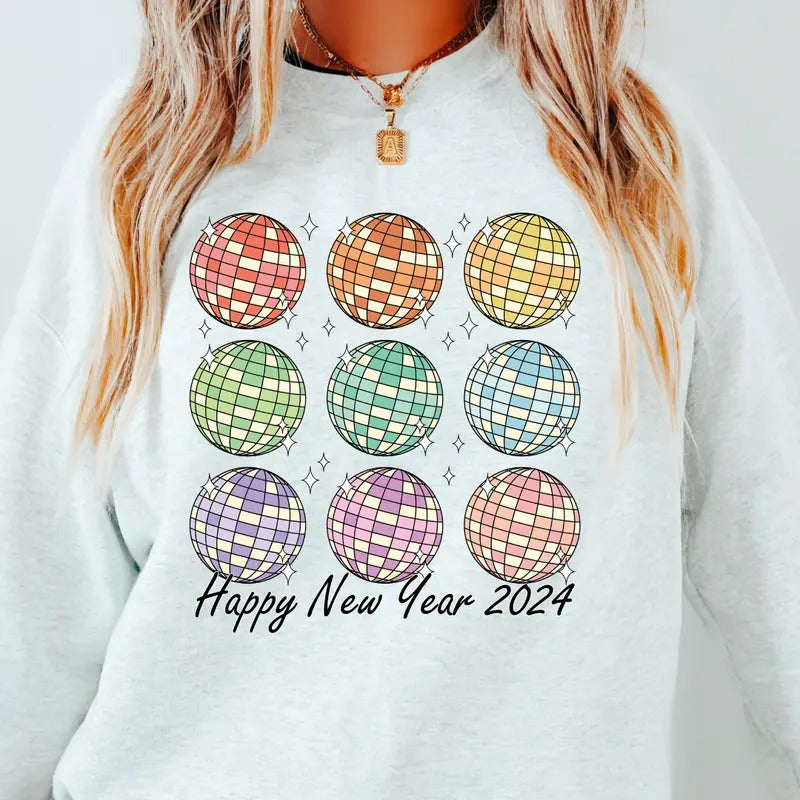 Disco Ball Pattern Happy New Year Causal Sweatshirt Unisex Fit Womenswear Hoodie T-Shirts | UrbanDripWear.com