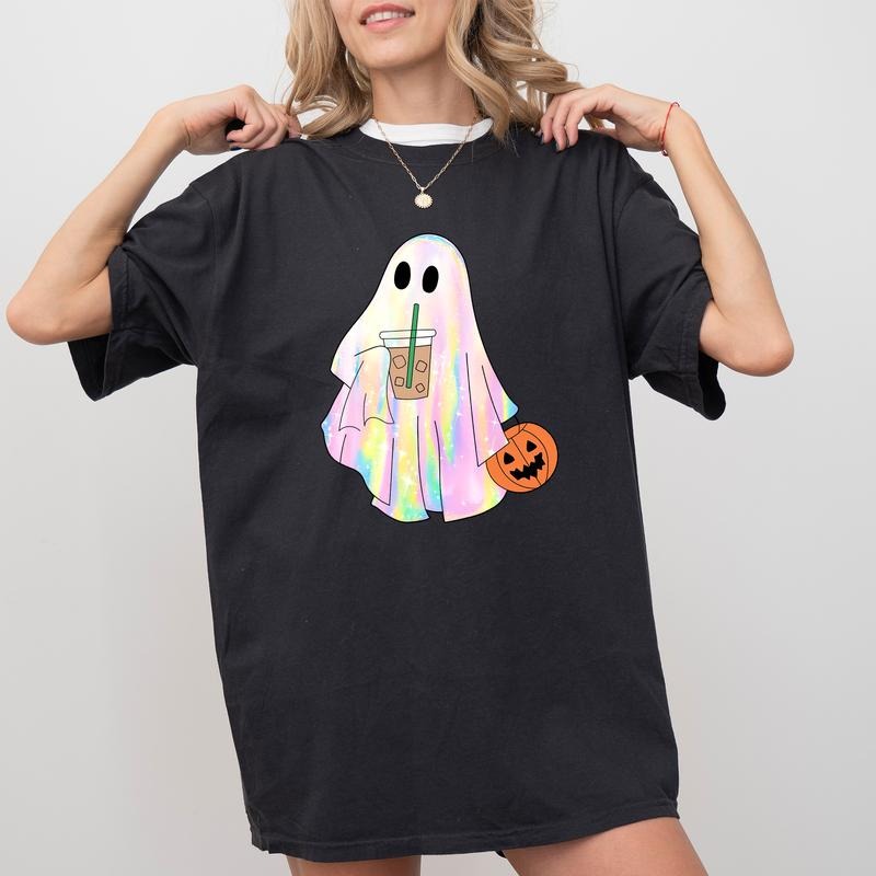 Disco Iridescent Ghost Halloween Comfort Colors Shirt, Iridescent Ghost With Coffee Unhinged Tees, Spooky Season...