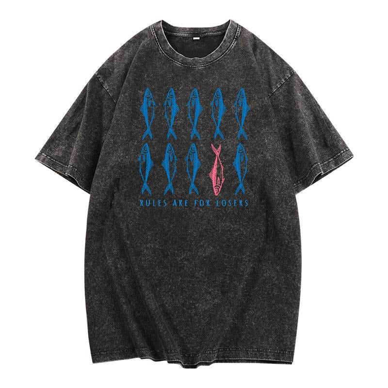 Distinctive Washed T - Shirt: Showcase Your Non - Traditional Outlook with a Distinctive Fish Print and the...
