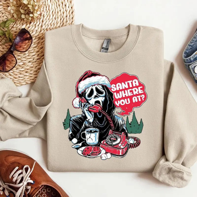 Distressed Horror Ghost Christmas Sweatshirt, Santa Where You At Retro Scream-Inspired 90s Slasher Ghost Crewneck, Horror...