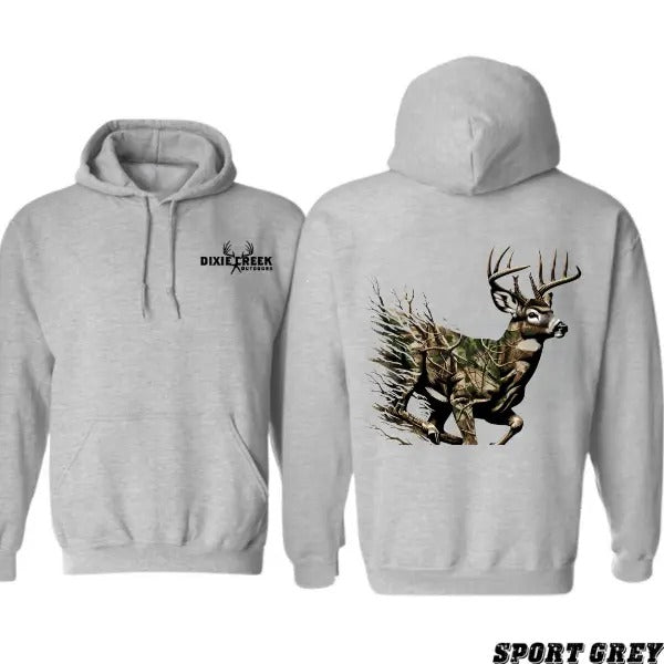 Dixie Creek Outdoors Deer T-shirt Sweatshirt Hoodie- Bold Running Deer in Camo Graphic, Cozy Unisex Hoodie for Rustic...