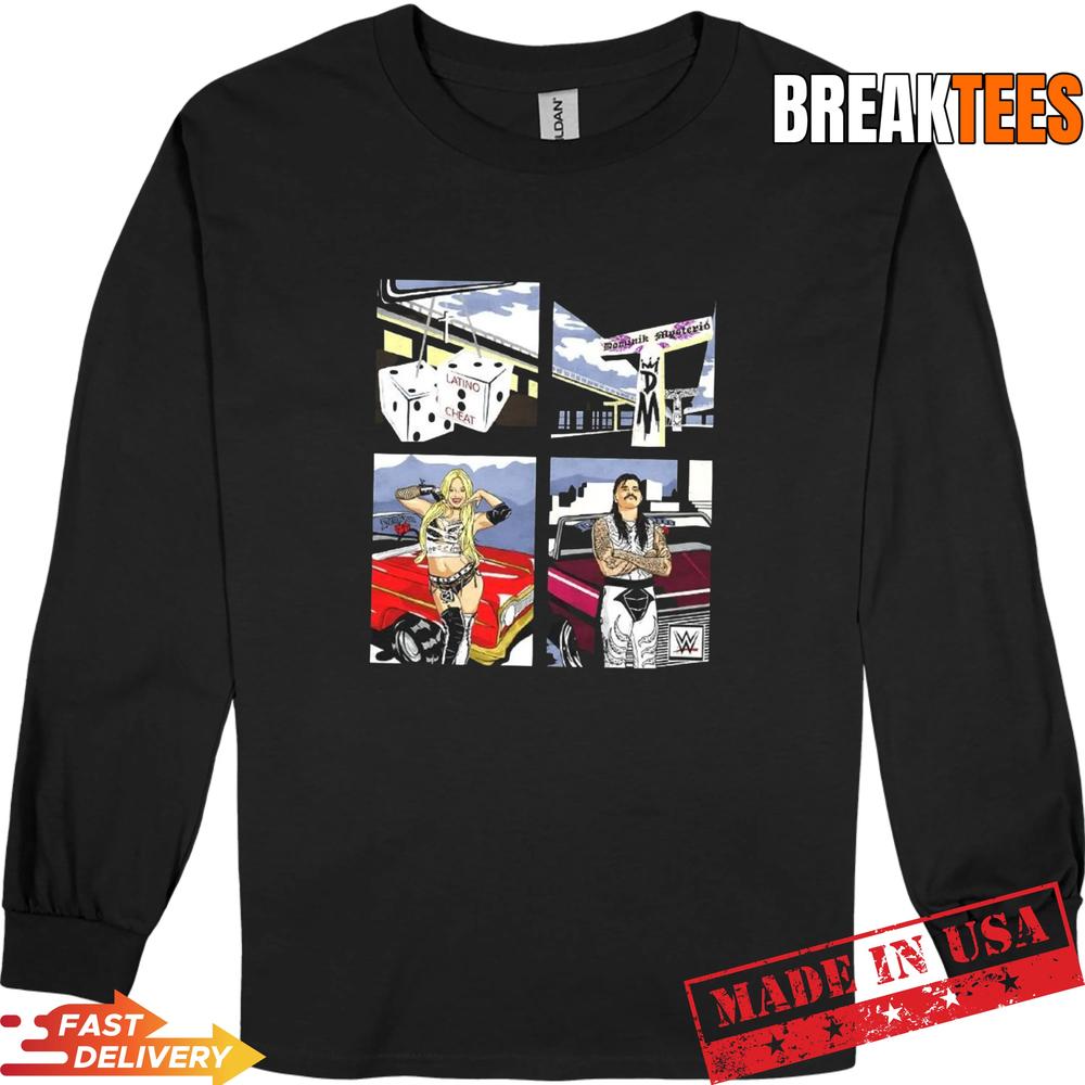 Dominik Mysterio and Liv Morgan WWE ripple junction 00s illustration graphic t-shirt