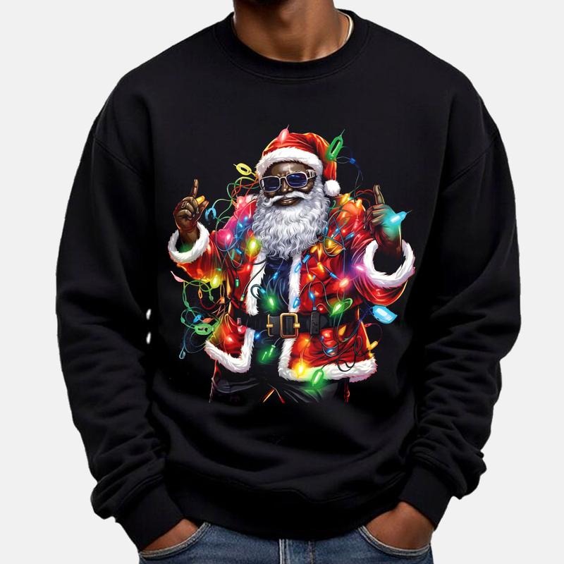 Dope Black Santa with Christmas Lights Unisex Crewneck Sweatshirt, Urban Melanin Christmas Sweater, Xmas Black Santa Gift...