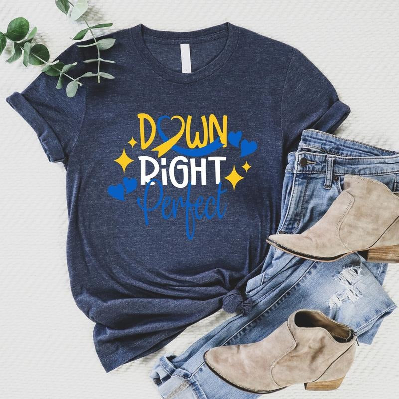 Down Right Perfect Shirt, Down Syndrome Awareness T-Shirt, Extra Chromosome Tee, Unisex Yellow And Blue Ribbon Support...