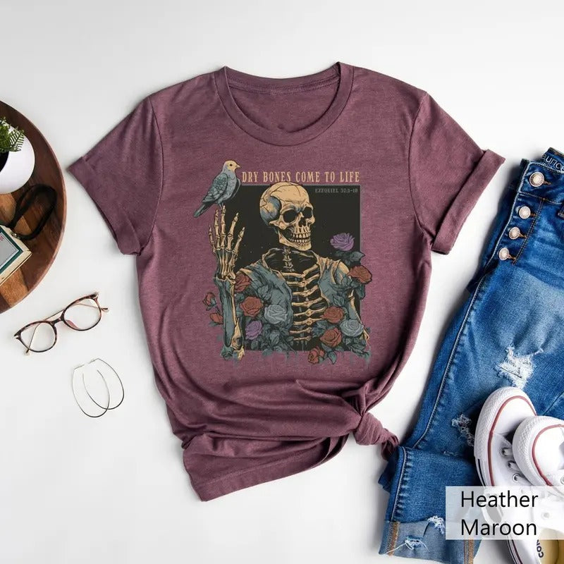 Dry Bones Come To Life Shirt, Christian Skeleton Shirt,Floral Skeleton T-Shirt,Christian Halloween Gift,Bible Verse...