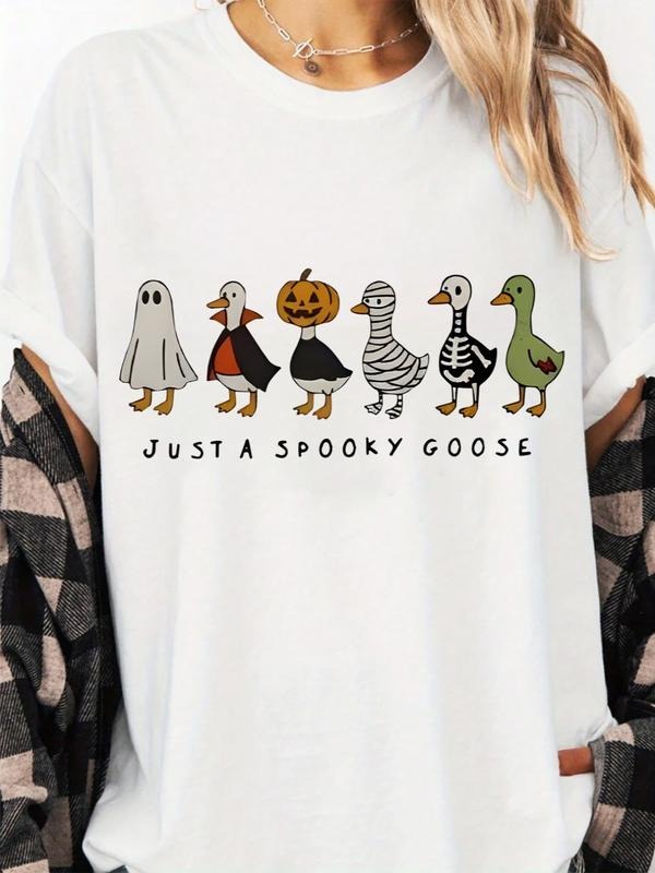 Duck Pattern Halloween Round Neck T-Shirt, Comfortable Casual Summer Wear, Fitted Moderate Fabric, Perfect Party, Tops...