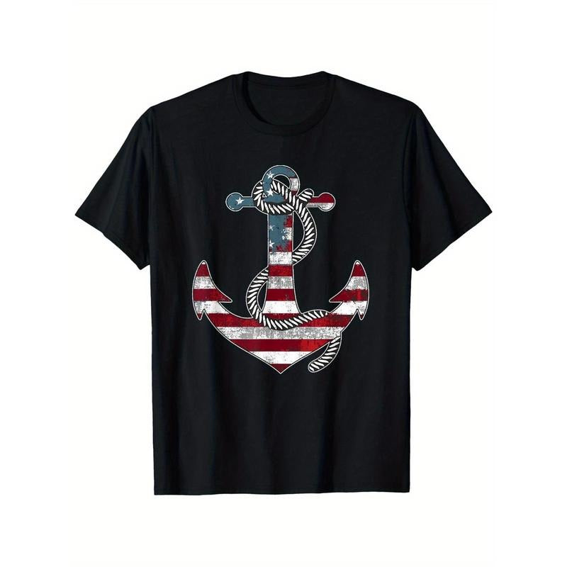[ Durable Build]  Patriotic American Flag Anchor T-Shirt - Memorial Day Veterans Honor, Casual Cotton Short Sleeve Tee,...
