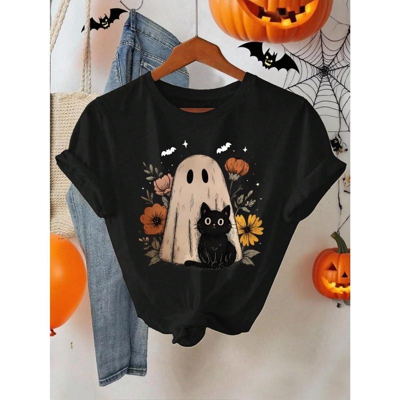 EMERY ROSE Halloween Cute Floral & Ghost Graphic Loose Fit Round Neck T-Shirt For Women Hoodie, Sweatshirt