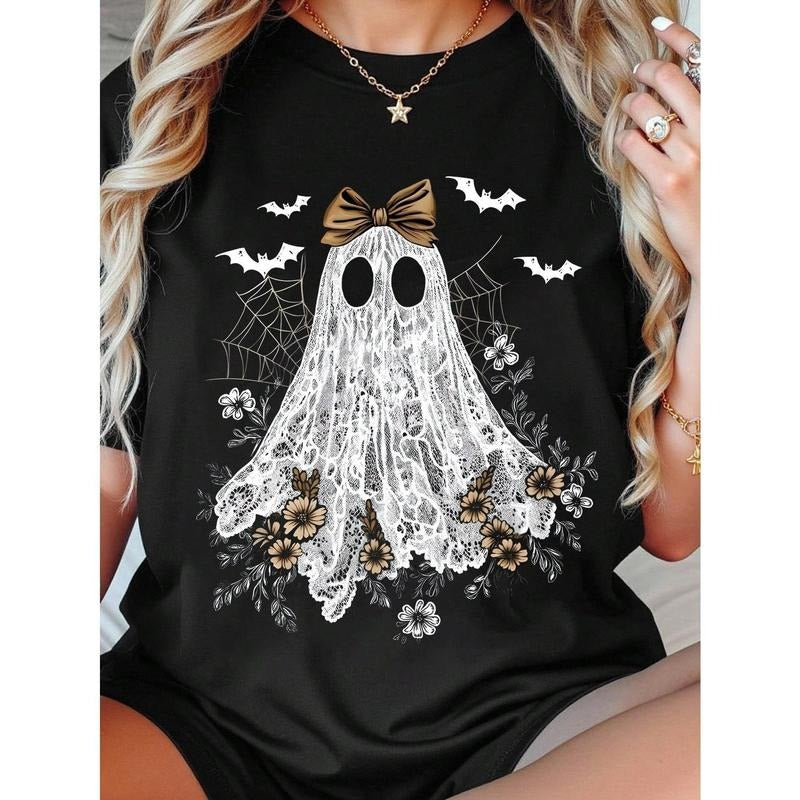 EMERY ROSE Plus Size Summer Casual Daily Halloween Ghost Print Short Sleeve T-Shirt Fabric Fit Spooky Biscuits Halloween...
