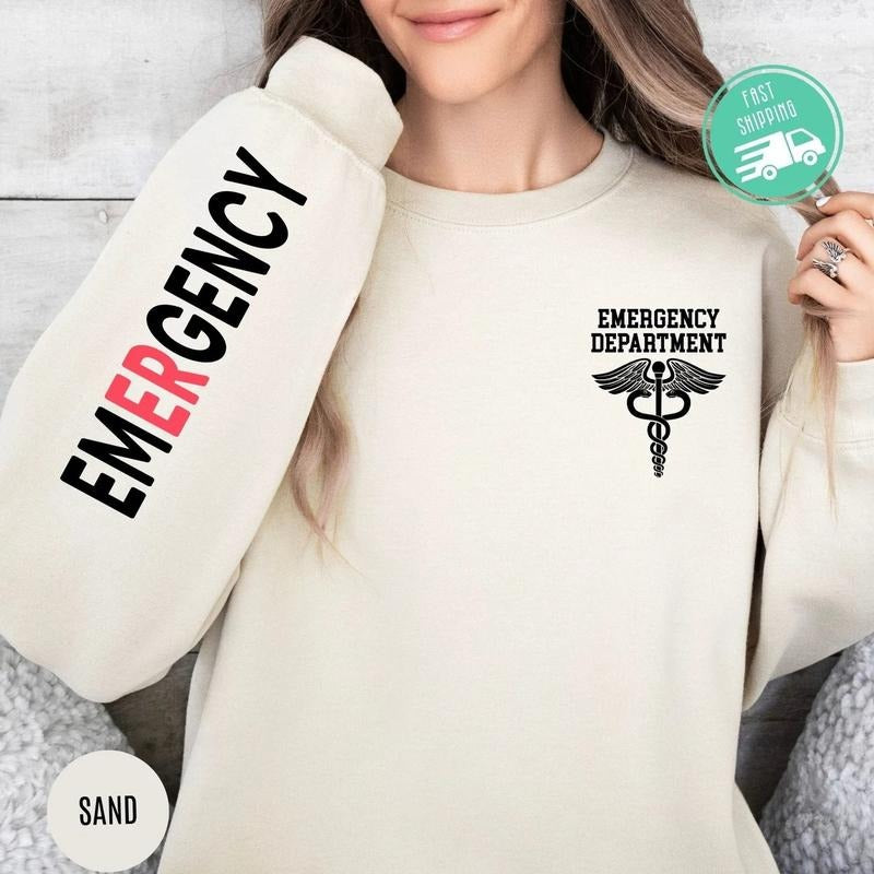 ER Nurse Sweatshirt With Caduceus & 'Emergency' Sleeve Design, ER Nurse Shirt, Nursing Student Gift, Nurse Shirt, Gift...