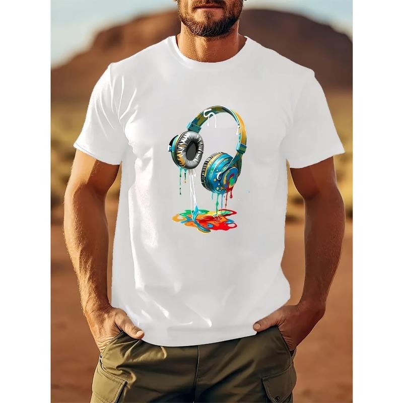 "Earphone" pattern printing casual novel men's T-shirt, short-sleeved summer shirt, comfortable fit, fashionable street wind round neck T-shirt, suitable for daily and outdoor. Made in USA