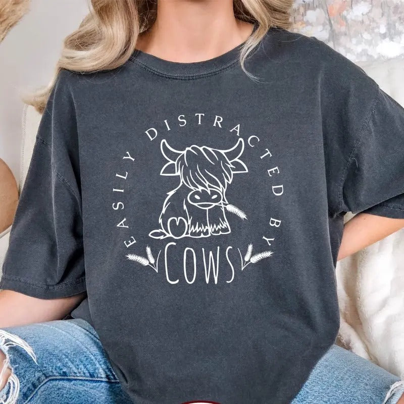 Easily Distracted By Cows T-Shirt, Cow Lover T-Shirt, Farm Lover T-Shirts Hoodie, Sweatshirt | UrbanDripWear.com