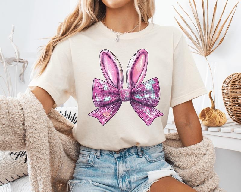 Easter Disco Bow and Bunny Ears Unisex Shirt, Cute Easter Shirt Available in Long Sleeve, Raglan or Short Sleeve Hoodie,...