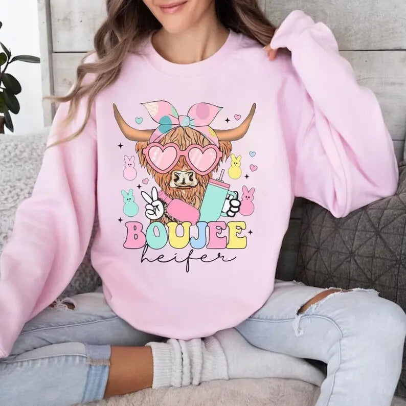 Easter Highland Cow Boujee Heifer Sweatshirt, Glitter Sparkle Easter Sweatshirt, Easter Heifer Shirt, Funny Highland Cow...