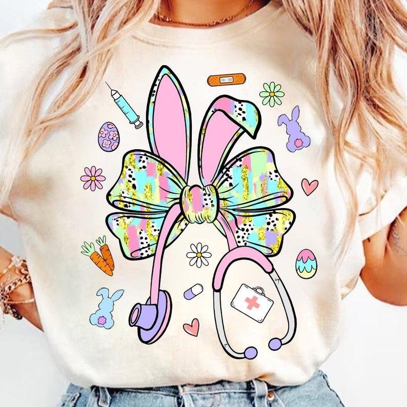 Easter Nurse Coquette Tshirt, Stethoscope Tee, Happy Easter Shirt, Nurse Easter Brushstroke, School Nurse T-Shirt, Nurse...