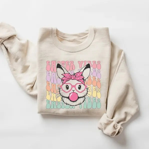 Easter Vibes Sweatshirt, Cute Easter Bunny Glasses Bubble Gum Sweatshirt, Womens Easter Sweatshirt, Funny Easter Gift,...