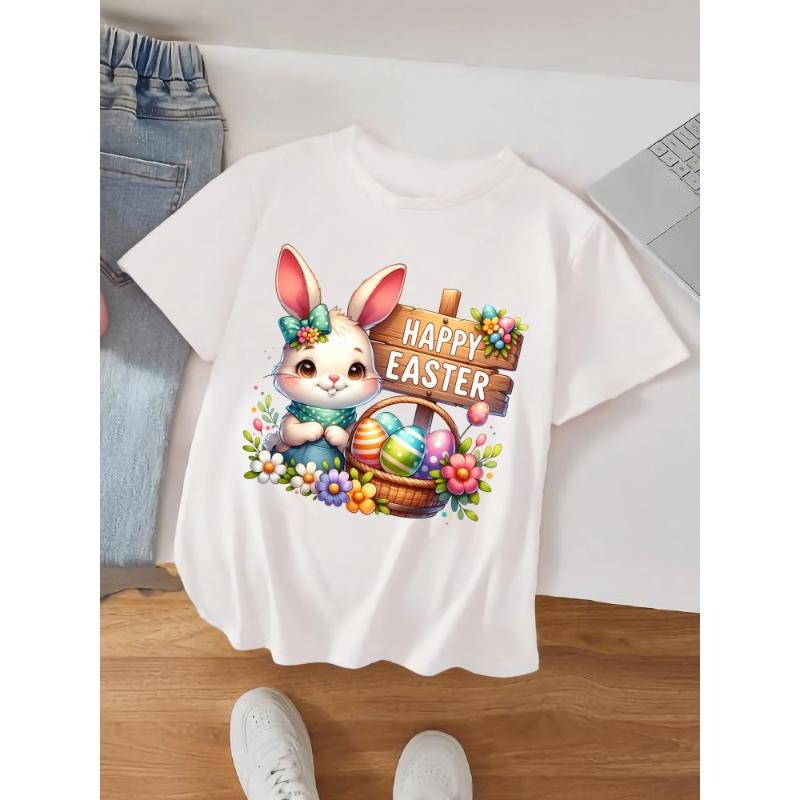 Easter bunny and eggs floral print short sleeve t-shirt, casual stretch top for women, perfect choice for everyday wear...