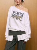 "Easy" Tiger Graphic Off-Shoulder Sweatshirt - Women's White Retro Casual Top