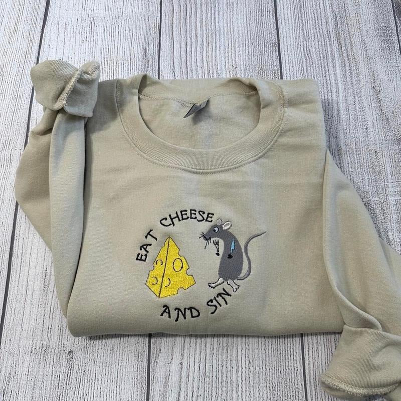 "Eat Cheese and Sin Embroidered Sweatshirt, Playful and comfort Fit Sweater" T-Shirts, Hoodie | UrbanDripWear.com