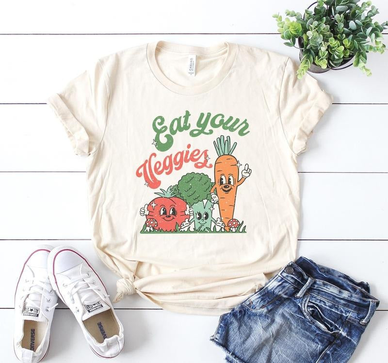 Eat Your Veggies Retro Graphic Shirt, Vegan Shirt, Farmers Market Vegetable Shirt Hoodie, Sweatshirt | UrbanDripWear.com