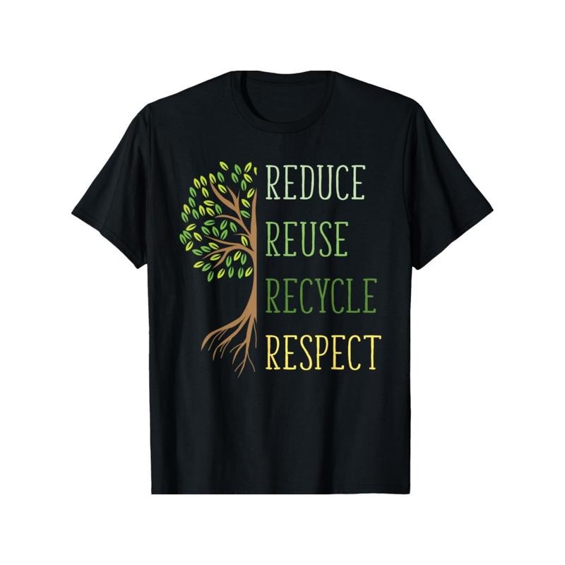 Eco - Friendly Black T - Shirt with 'Reduce Reuse Recycle Respect' Message and Tree Graphic - Ideal for Sustainability