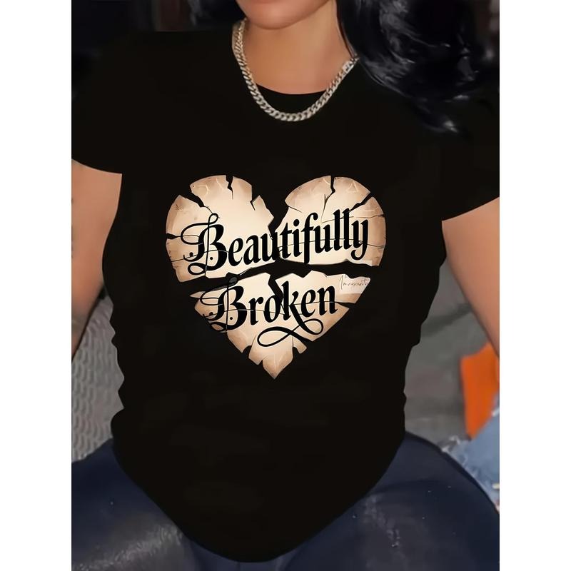 Elegant Black T-Shirt with "Beautifully Broken" Heart Design, Crew Neck, Polyester Knit Fabric, All-Season Comfort Fit...
