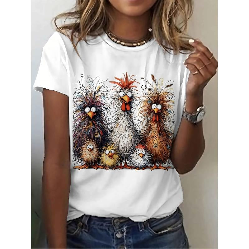 Elegant cartoon egg print crew neck t-shirt, polyester short sleeve crew neck top for women, casual summer gift style 02...