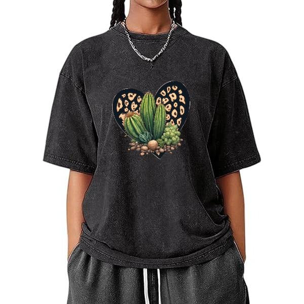 Embrace Retro Allure! This women's washed T - shirt showcases a unique cactus design in a heart motif, perfect for adding...