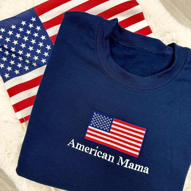 Embroidered 'American Mama' USA Patriotic Flag Sweatshirt T-Shirts, Hoodie | UrbanDripWear.com
