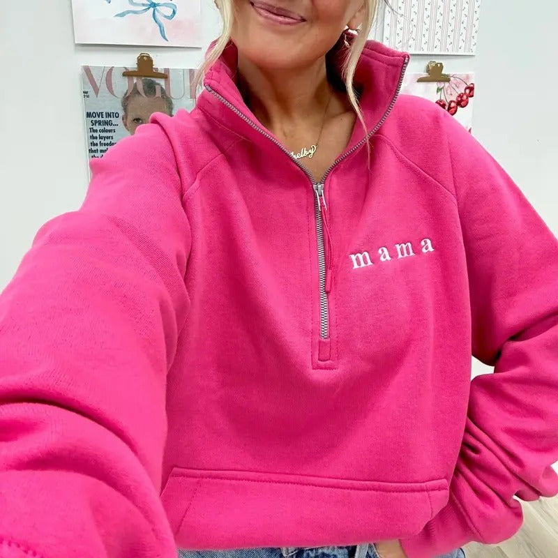 Embroidered 'Mama' Pocket Quarter Zip Sweatshirt T-Shirts, Hoodie | UrbanDripWear.com