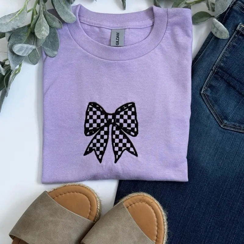 Embroidered Checkered Bow T-Shirt - Purple Women's Top for Streetwear- Casual Summer top Hoodie, Sweatshirt