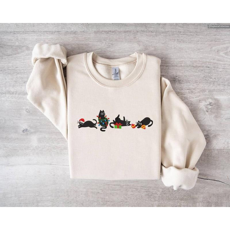 Embroidered Christmas Cute Cat Sweatshirt, Hoodie, Tee, Embroidery Funny Xmas Hoodie Christmas Cute Cat Lover Sweater ,...