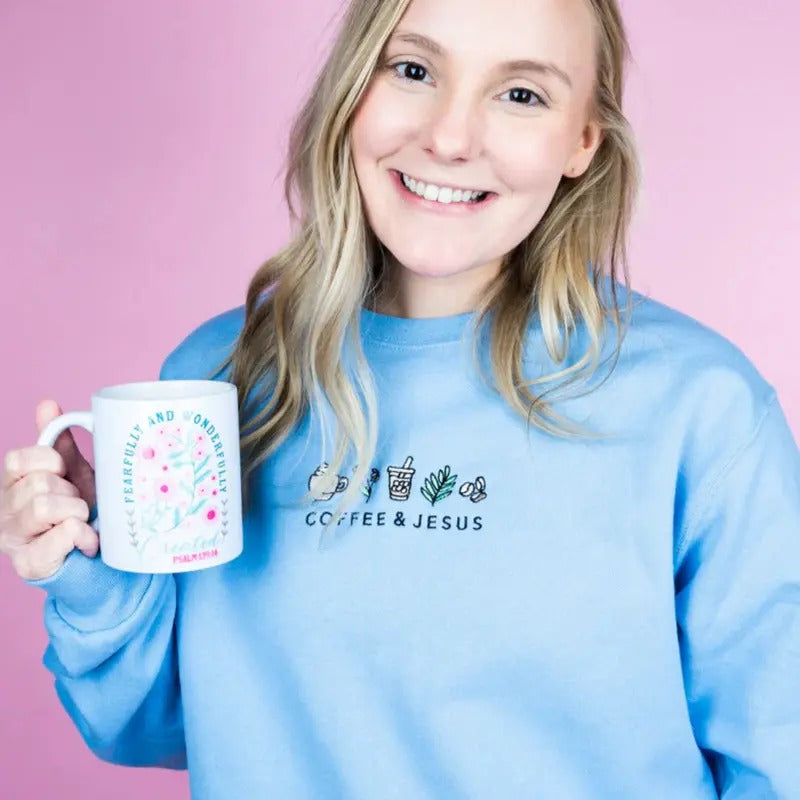 Embroidered Coffee & Jesus Unisex NuBlend Crew Sweatshirt Christian Sweatshirt T-Shirts, Hoodie | UrbanDripWear.com