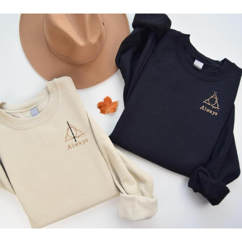 Embroidered Deathly Hallows "Always" Sweatshirt, HP Inspired embroidery shirt, HP books, Booktok Hoodie | UrbanDripWear.com