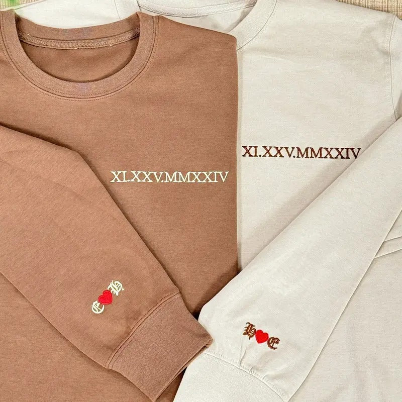 Embroidered Roman Numerals Hoodie, Valentines Date Couple Sweatshirt, Personalized Valentines Day Gift T-Shirts
