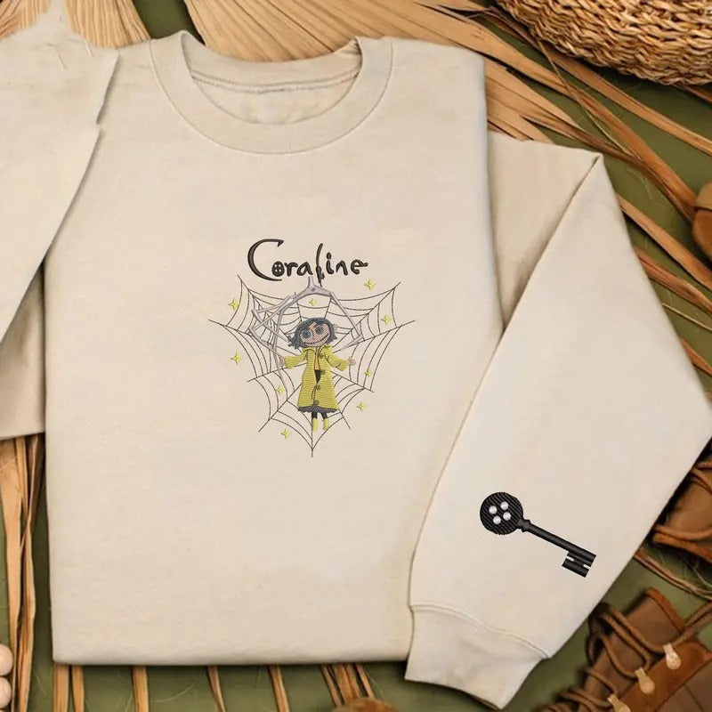 Embroidery Coraline doll in Spider's web T-Shirt, Horror Coraline movies, Horror Character Shirt, Halloween Crewneck...