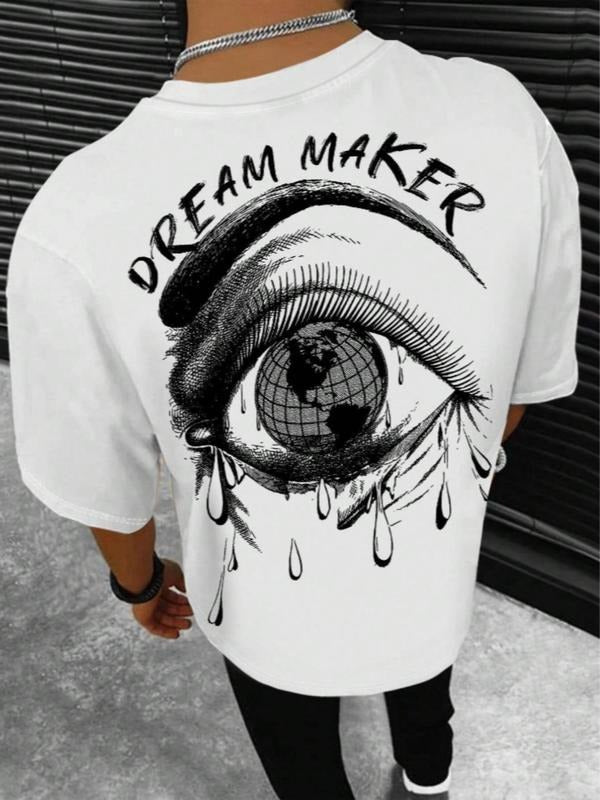 Emo Outfits Men's Eye & Letter Print Drop Shoulder Short Sleeve Tee, Summer Clothes, Casual Streetwear Regular Fit...
