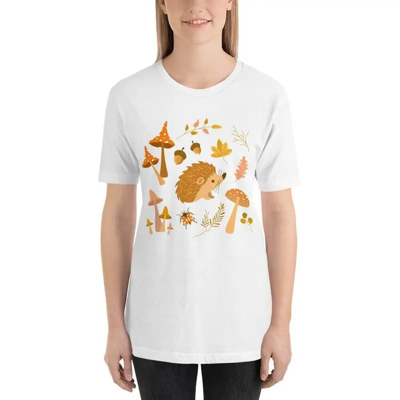Enchanted Woodland Creature Women's T Shirt, Forrest Mushrooms Hedgehog Ladybug Leaves Plants Nature, Fairy Cottage Gift,...