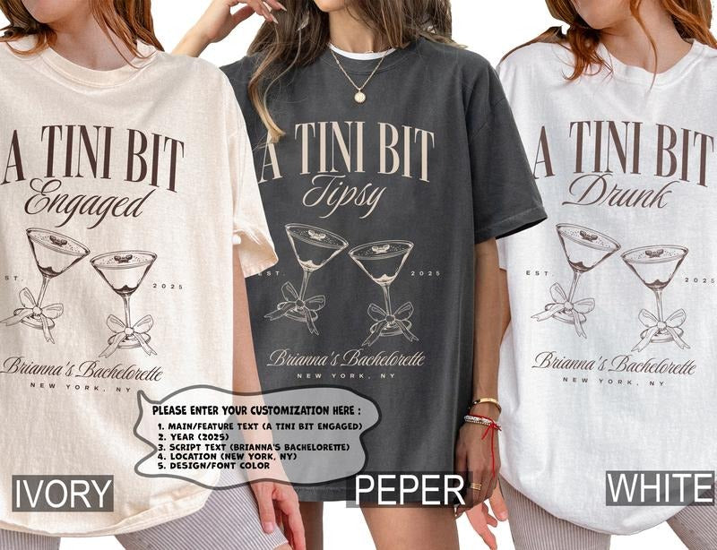 Espresso martini bachelorette party shirts, martinis and matrimony tini bit engaged custom bridesmaids gifts, bit older...