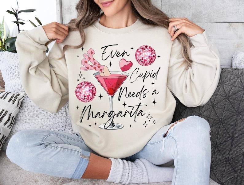 Even Cupid Need A Margarita Retro valentine Sweatshirt, Trendy Valentine, Disco Ball, Funny Vday Sweatshirt T-Shirts, Hoodie