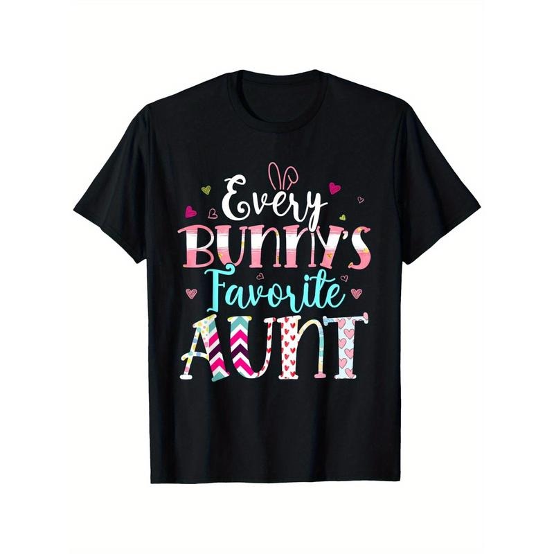 Every Bunny'S Favorite Aunt Cute Hearts Happy Easter Day T-Shirt, 100% Cotton, Single Side Printed, Black Short Sleeve...